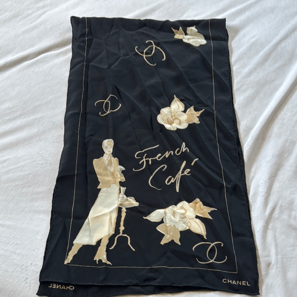 CHANEL Black and Cream Silk Scarf with Floral Design